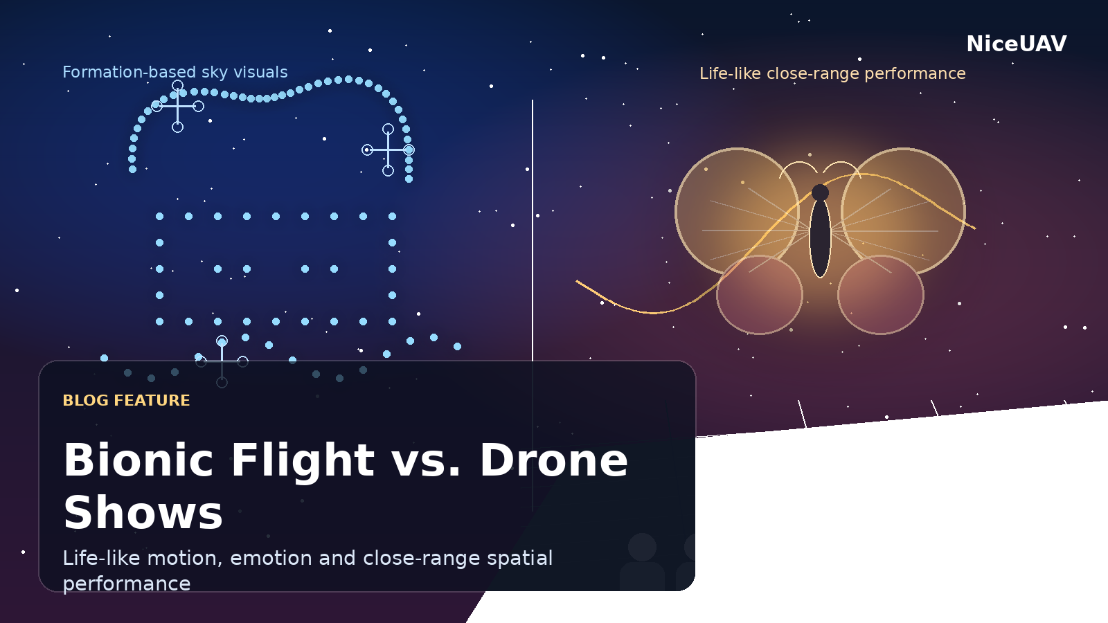 A bionic butterfly flying near a stage compared with a drone light show forming patterns in the sky.