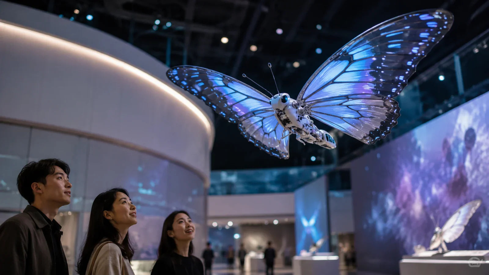 Flying mechanical butterfly in a modern exhibition hall creating an immersive interactive experience