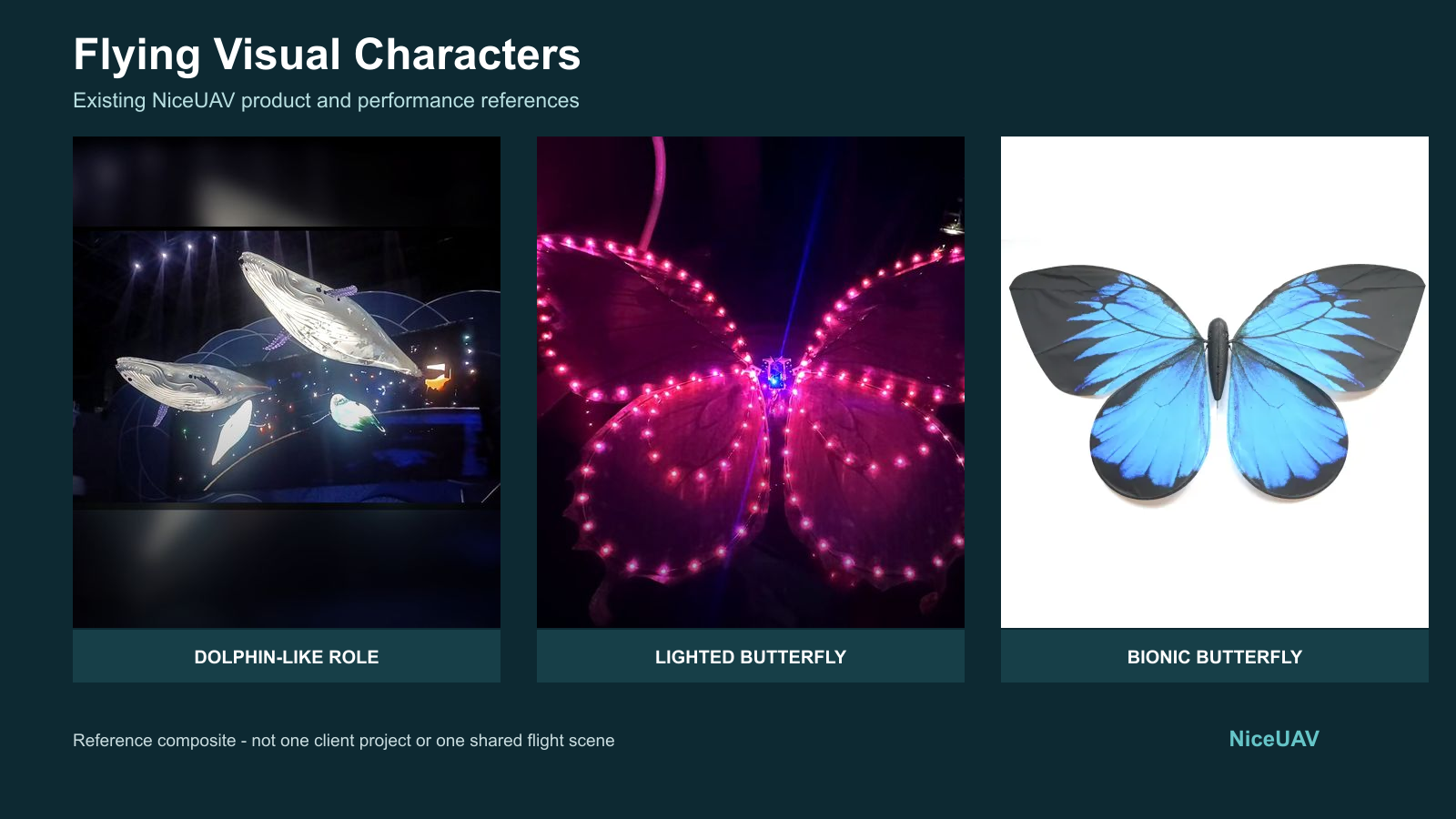NiceUAV dolphin blimp, lighted butterfly, and bionic butterfly product references