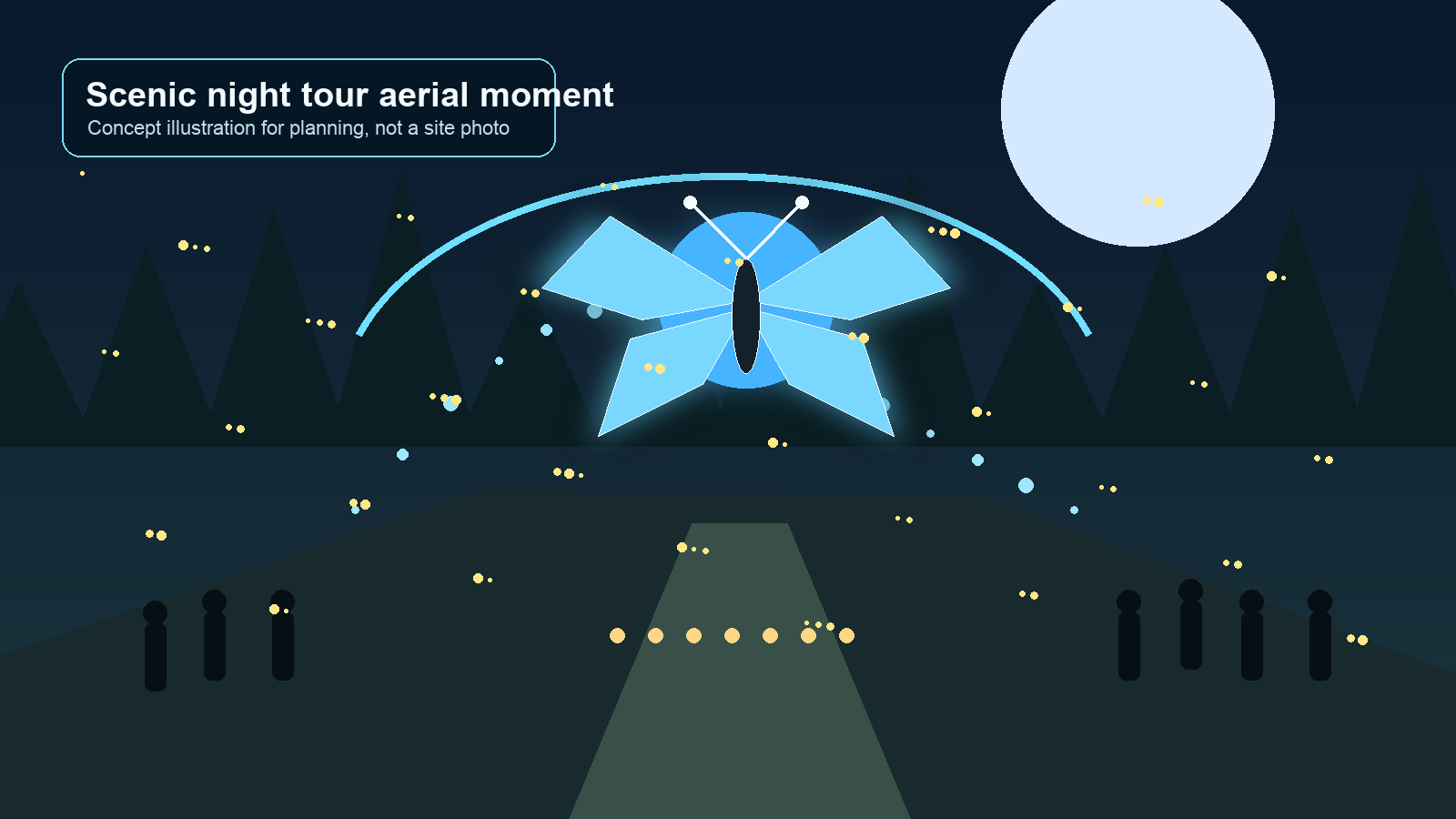 Concept illustration of a bionic flying visual character above a scenic night tour route